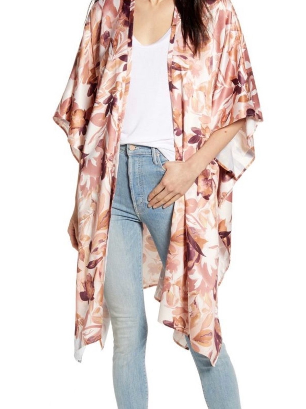 Nordstrom Floral Satin Kimono in Rose and Brown Tones